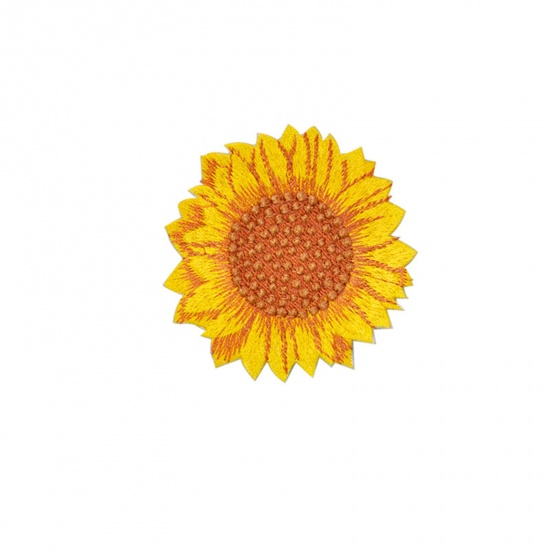 Picture of Polyester Iron On Patches Appliques (With Glue Back) Craft Orange Sunflower Embroidered 4cm x 3.9cm, 5 PCs