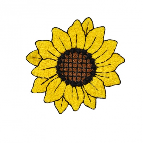 Picture of Polyester Iron On Patches Appliques (With Glue Back) Craft Yellow Sunflower Embroidered 6.8cm x 6.3cm, 5 PCs