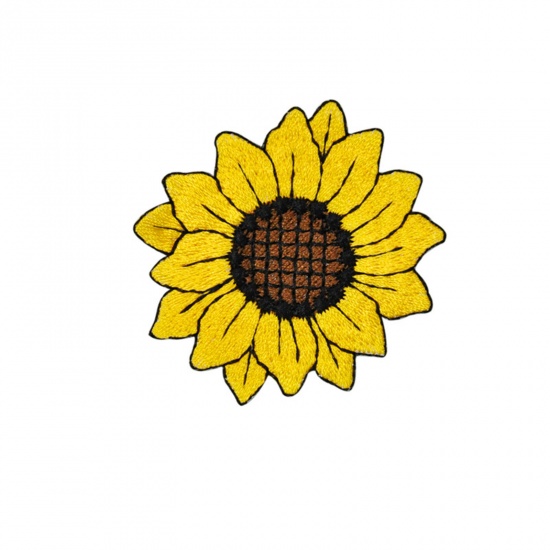 Picture of Polyester Iron On Patches Appliques (With Glue Back) Craft Yellow Sunflower Embroidered 5.5cm x 5cm, 5 PCs
