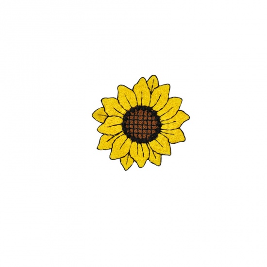 Picture of Polyester Iron On Patches Appliques (With Glue Back) Craft Yellow Sunflower Embroidered 3.3cm x 3.2cm, 5 PCs