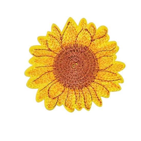 Picture of Polyester Iron On Patches Appliques (With Glue Back) Craft Yellow Sunflower Embroidered 6.8cm x 6.4cm, 5 PCs