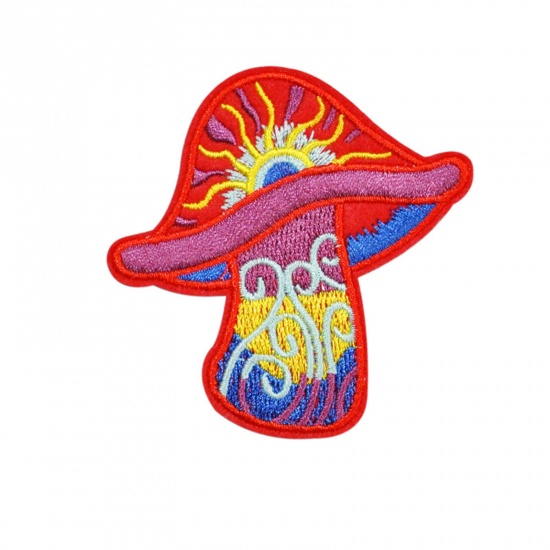 Picture of Polyester Iron On Patches Appliques (With Glue Back) Craft Multicolor Mushroom Embroidered 7cm x 7.2cm, 5 PCs
