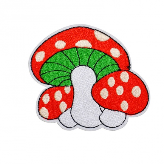 Picture of Polyester Iron On Patches Appliques (With Glue Back) Craft Multicolor Mushroom Embroidered 7.8cm x 6.8cm, 5 PCs