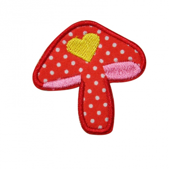 Picture of Polyester Iron On Patches Appliques (With Glue Back) Craft Red Mushroom Embroidered 4.9cm x 4.9cm, 5 PCs