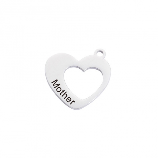 Immagine di 304 Acciaio Inossidabile Gioielli di Famiglia Charms Cuore Tono Argento Messaggio " Mother " 26mm x 25mm, 1 Pz