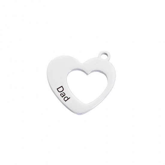 Immagine di 304 Acciaio Inossidabile Gioielli di Famiglia Charms Cuore Tono Argento Messaggio " Dad " 26mm x 25mm, 1 Pz