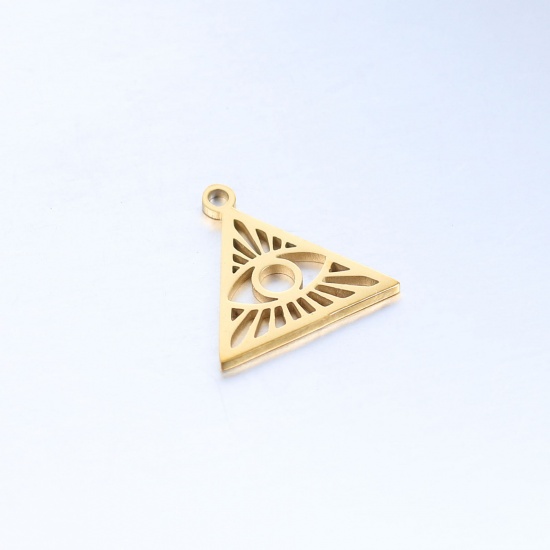 Picture of 304 Stainless Steel Religious Charms Gold Plated Triangle Eye of Providence/ All-seeing Eye Hollow 15.5mm x 15mm, 1 Piece