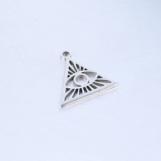 Picture of 304 Stainless Steel Religious Charms Silver Tone Triangle Eye of Providence/ All-seeing Eye Hollow 15.5mm x 15mm, 1 Piece