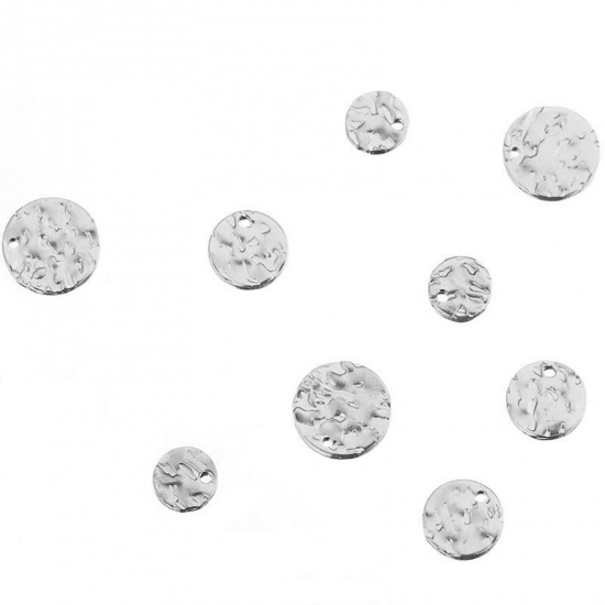Picture of 304 Stainless Steel Hammered Charms Round Silver Tone 8mm Dia., 8mm x 8mm, 10 PCs