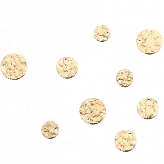 Picture of 304 Stainless Steel Hammered Charms Round Gold Plated 8mm Dia., 10 PCs
