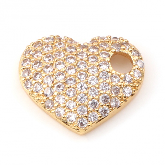 Picture of Copper Micro Pave Charms Heart Real Gold Plated Clear Cubic Zirconia 13mm x 11mm, 1 Piece