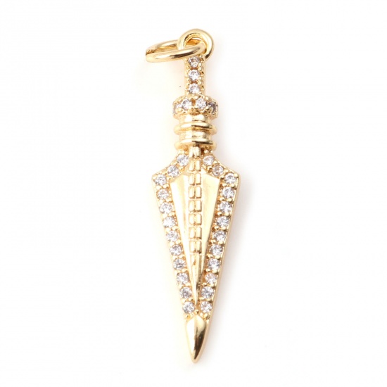 Picture of Copper Micro Pave Pendants Arrowhead Real Gold Plated Clear Cubic Zirconia 32mm x 7mm, 1 Piece