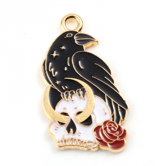 Picture of Zinc Based Alloy Halloween Charms Crow Bird Gold Plated Black Skull Enamel 26mm x 17mm, 10 PCs