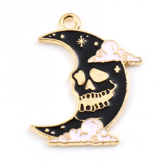 Picture of Zinc Based Alloy Halloween Charms Half Moon Gold Plated Black Skeleton Skull Enamel 26mm x 20mm, 10 PCs