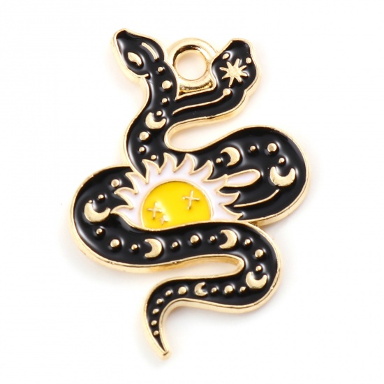 Picture of Zinc Based Alloy Halloween Charms Sun Gold Plated Black Snake Enamel 24mm x 17mm, 10 PCs