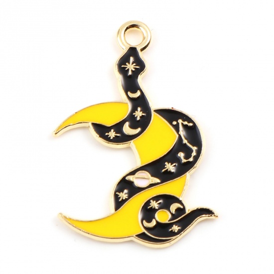 Picture of Zinc Based Alloy Halloween Charms Half Moon Gold Plated Black Snake Enamel 28mm x 21mm, 10 PCs