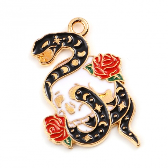Picture of Zinc Based Alloy Halloween Charms Skull Gold Plated Black Snake Enamel 27mm x 22mm, 10 PCs