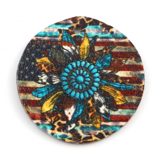 Picture of PU Leather Boho Chic Bohemia Pendants Round Multicolor Flower 4cm Dia., 5 PCs