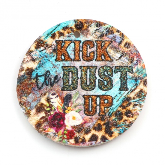 Picture of PU Leather Boho Chic Bohemia Pendants Round Multicolor Leopard Print 4cm Dia., 5 PCs