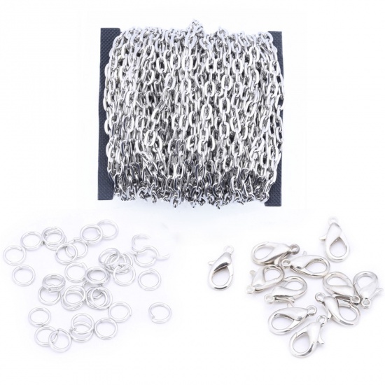 Picture of Iron Based Alloy Jewelry DIY Earring Necklace Bracelet 2x1.5mm Chain Lobster Clasp Jump Ring Accessories Findings Silver Tone 15cm x 12cm, 1 Set