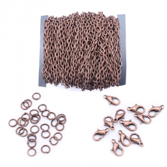 Bild von Eisenlegierung Schmuck DIY Ohrring Halskette Armband 2*3mm Kette Karabinerverschluss Sprungring Schmuckzubehör Rotkupferfarbe 15cm x 12cm, 1 Set