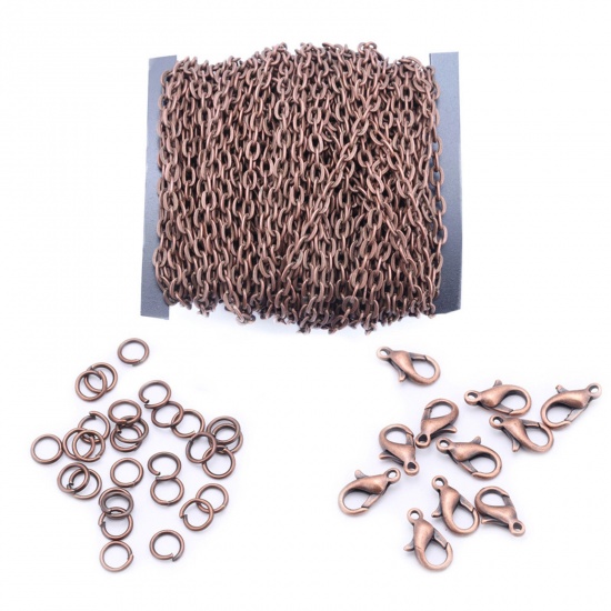 Picture of Iron Based Alloy Jewelry DIY Earring Necklace Bracelet 2x1.5mm Chain Lobster Clasp Jump Ring Accessories Findings Antique Copper 15cm x 12cm, 1 Set