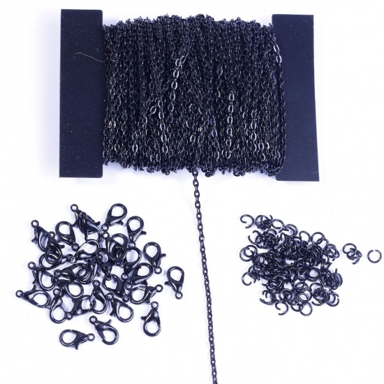Bild von Eisenlegierung Schmuck DIY Ohrring Halskette Armband 2*3mm Kette Karabinerverschluss Sprungring Schmuckzubehör Schwarz 15cm x 12cm, 1 Set