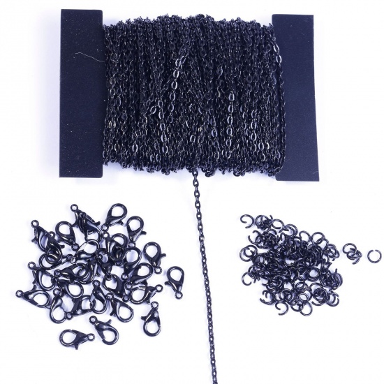 Bild von Eisenlegierung Schmuck DIY Ohrring Halskette Armband 1.5*2mm Kette Karabinerverschluss Sprungring Schmuckzubehör Schwarz 15cm x 12cm, 1 Set