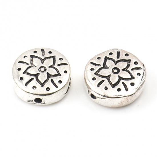 Picture of Zinc Based Alloy Spacer Beads Oval Antique Silver Color Flower About 14mm x 13mm, Hole: Approx 1.4mm, 10 PCs