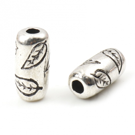 Picture of Zinc Based Alloy Spacer Beads Cylinder Antique Silver Color Leaf About 15mm x 7mm, Hole: Approx 2.5mm, 10 PCs