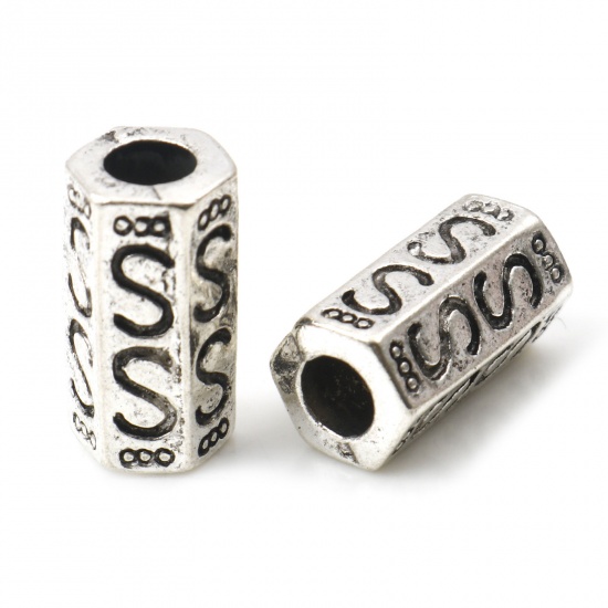 Picture of Zinc Based Alloy Spacer Beads Cylinder Antique Silver Color S Pattern About 15mm x 9mm, Hole: Approx 4mm, 10 PCs