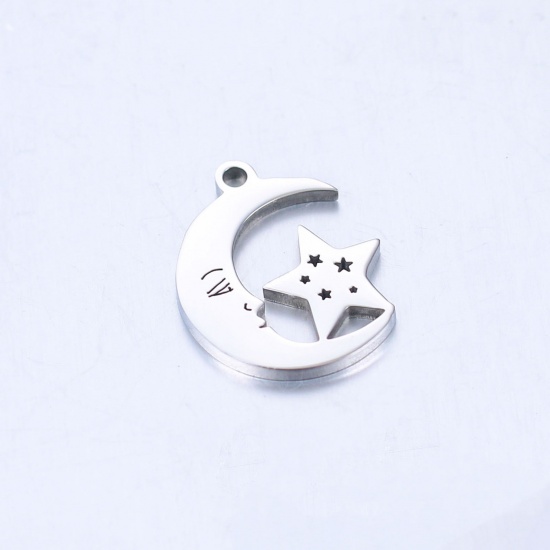 Picture of 304 Stainless Steel Galaxy Charms Silver Tone Half Moon Star 17mm x 14mm, 1 Piece
