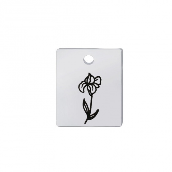 Picture of 304 Stainless Steel Birth Month Flower Charms Silver Tone Black Rectangle February 13mm x 11mm, 1 Piece