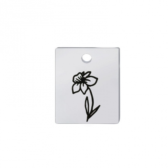 Picture of 304 Stainless Steel Birth Month Flower Charms Silver Tone Black Rectangle March 13mm x 11mm, 1 Piece