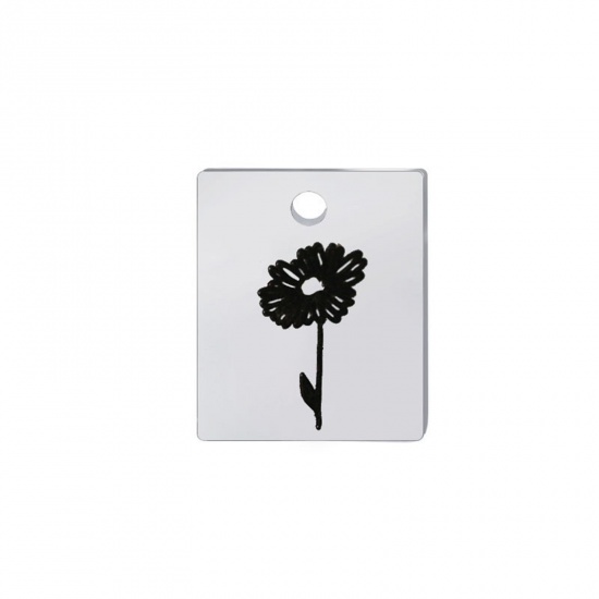 Picture of 304 Stainless Steel Birth Month Flower Charms Silver Tone Black Rectangle April 13mm x 11mm, 1 Piece