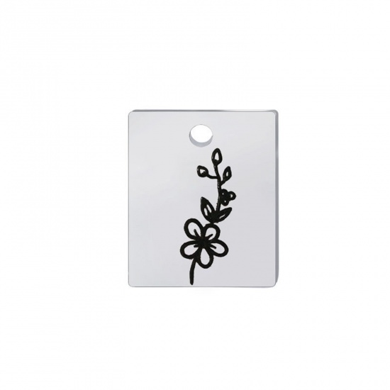 Picture of 304 Stainless Steel Birth Month Flower Charms Silver Tone Black Rectangle May 13mm x 11mm, 1 Piece