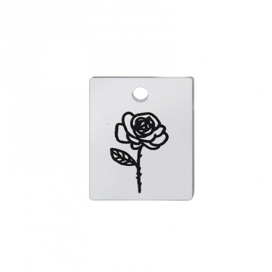 Picture of 304 Stainless Steel Birth Month Flower Charms Silver Tone Black Rectangle June 13mm x 11mm, 1 Piece
