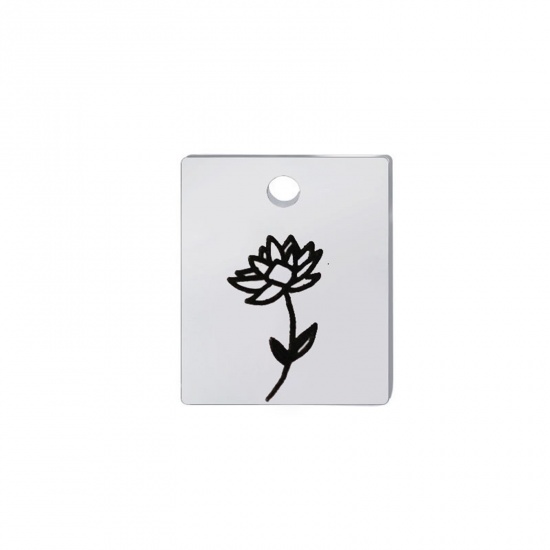 Picture of 304 Stainless Steel Birth Month Flower Charms Silver Tone Black Rectangle July 13mm x 11mm, 1 Piece