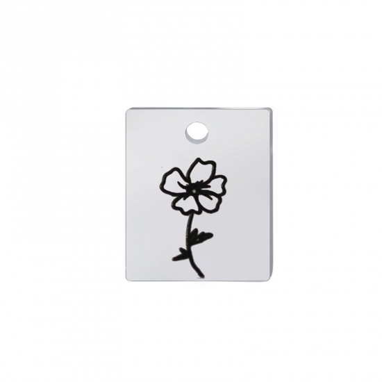 Picture of 304 Stainless Steel Birth Month Flower Charms Silver Tone Black Rectangle August 13mm x 11mm, 1 Piece