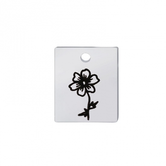 Picture of 304 Stainless Steel Birth Month Flower Charms Silver Tone Black Rectangle October 13mm x 11mm, 1 Piece