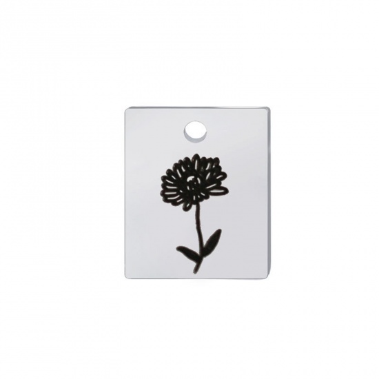 Picture of 304 Stainless Steel Birth Month Flower Charms Silver Tone Black Rectangle November 13mm x 11mm, 1 Piece