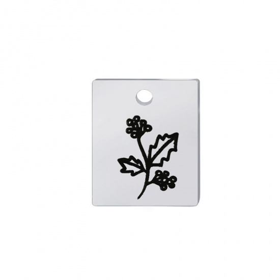 Picture of 304 Stainless Steel Birth Month Flower Charms Silver Tone Black Rectangle December 13mm x 11mm, 1 Piece