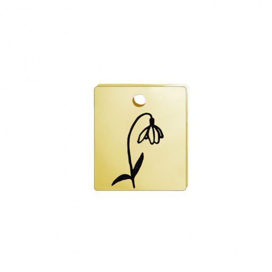 Picture of 304 Stainless Steel Birth Month Flower Charms Gold Plated Black Rectangle January 13mm x 11mm, 1 Piece