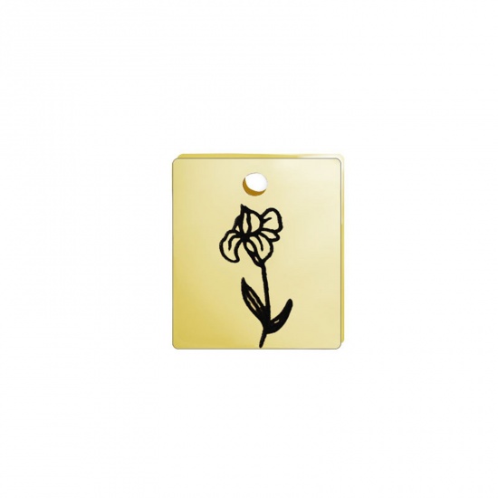 Picture of 304 Stainless Steel Birth Month Flower Charms Gold Plated Black Rectangle February 13mm x 11mm, 1 Piece