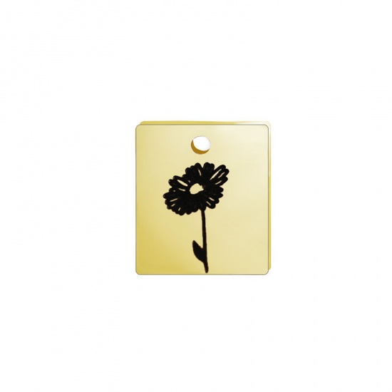 Picture of 304 Stainless Steel Birth Month Flower Charms Gold Plated Black Rectangle April 13mm x 11mm, 1 Piece