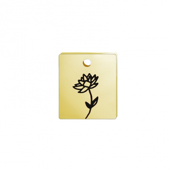 Picture of 304 Stainless Steel Birth Month Flower Charms Gold Plated Black Rectangle July 13mm x 11mm, 1 Piece