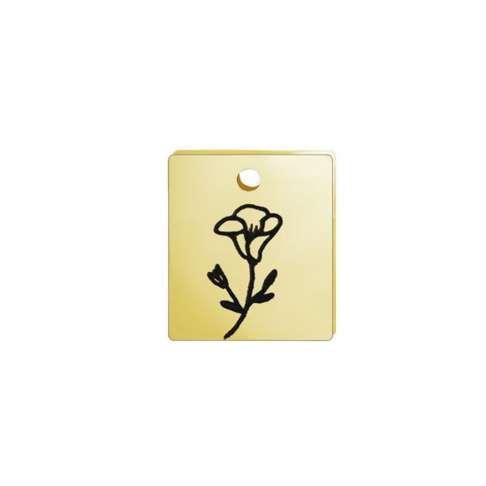 Picture of 304 Stainless Steel Birth Month Flower Charms Gold Plated Black Rectangle September 13mm x 11mm, 1 Piece