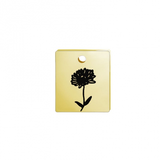 Picture of 304 Stainless Steel Birth Month Flower Charms Gold Plated Black Rectangle November 13mm x 11mm, 1 Piece