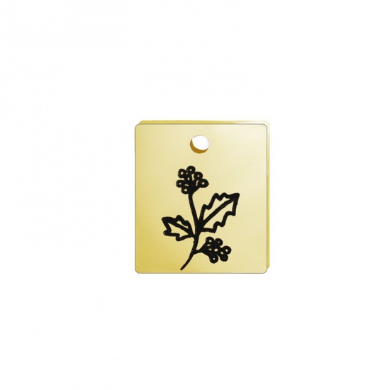 Picture of 304 Stainless Steel Birth Month Flower Charms Gold Plated Black Rectangle December 13mm x 11mm, 1 Piece