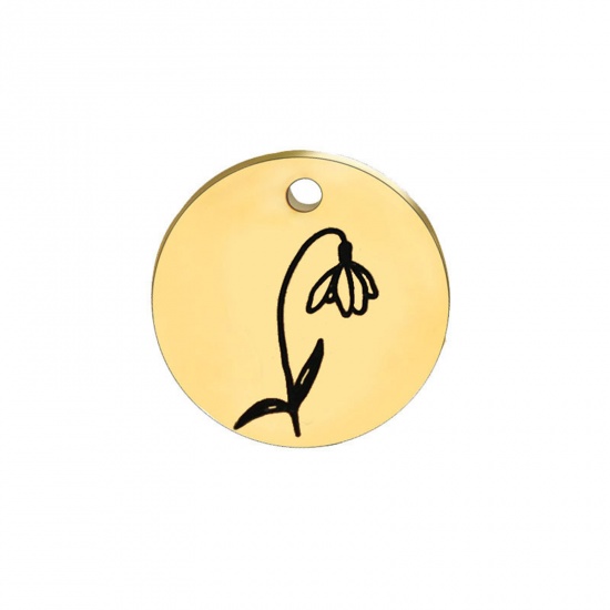 Picture of 304 Stainless Steel Birth Month Flower Charms Gold Plated Black Round January 15mm Dia., 1 Piece